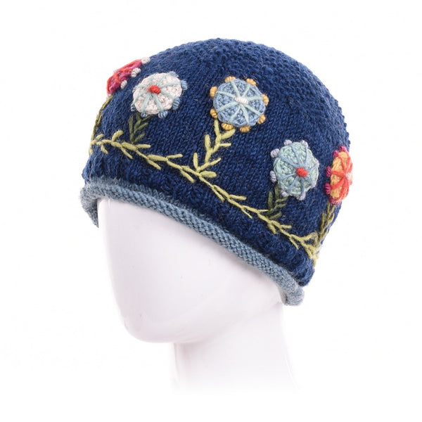 rygai Spring Autumn Ladies Knitted Hat Solid Color Jacquard Flower Brimless  Hollow Out Crochet Beanie Hat France Beanie Daily Wear,Navy Blue